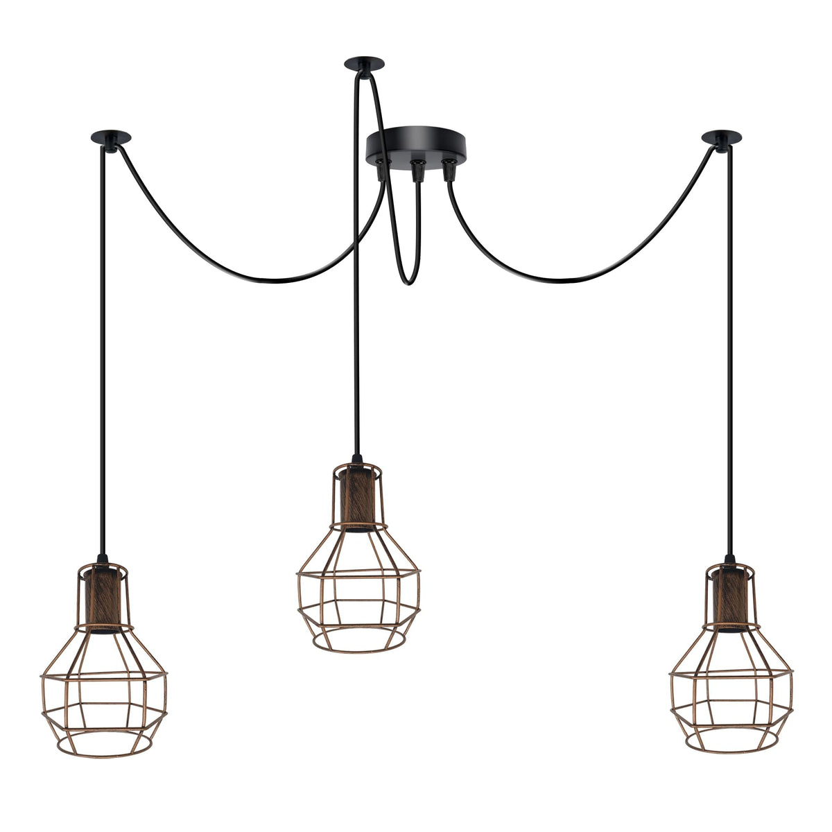 Cage Spider Pendant – 3-Way, or 2-Way + Single Pendant, E27 - Without Bulb, Brushed Copper, 3-Way Spider