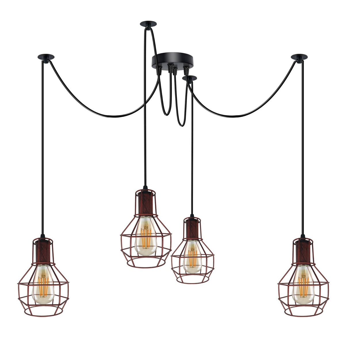 Cage Spider Pendant Set – 3-Arm Spider & Single Pendant, 4 Colours - Without Bulb, Rustic Red, 4-Arm Spider