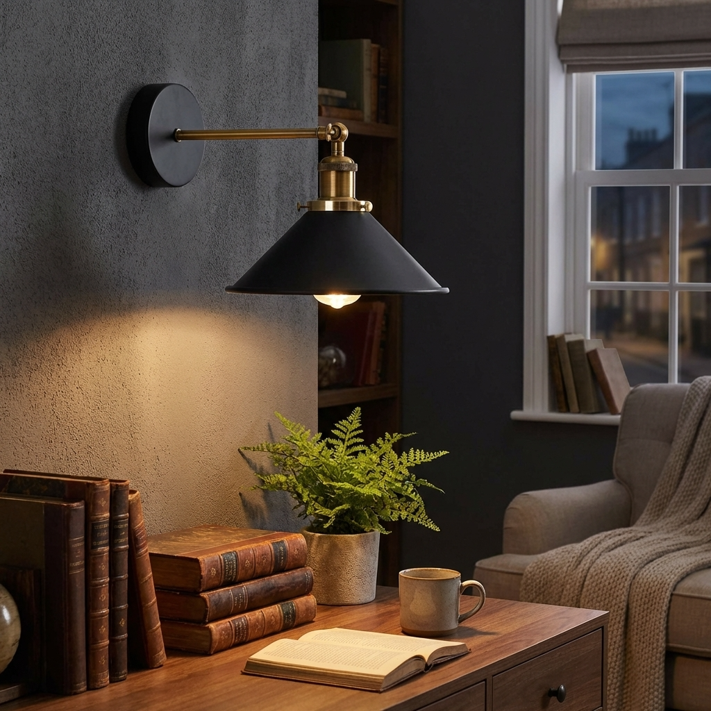 Swing Arm Wall Light with Black Cone Shade – Brass & Black, E27 - photo 8