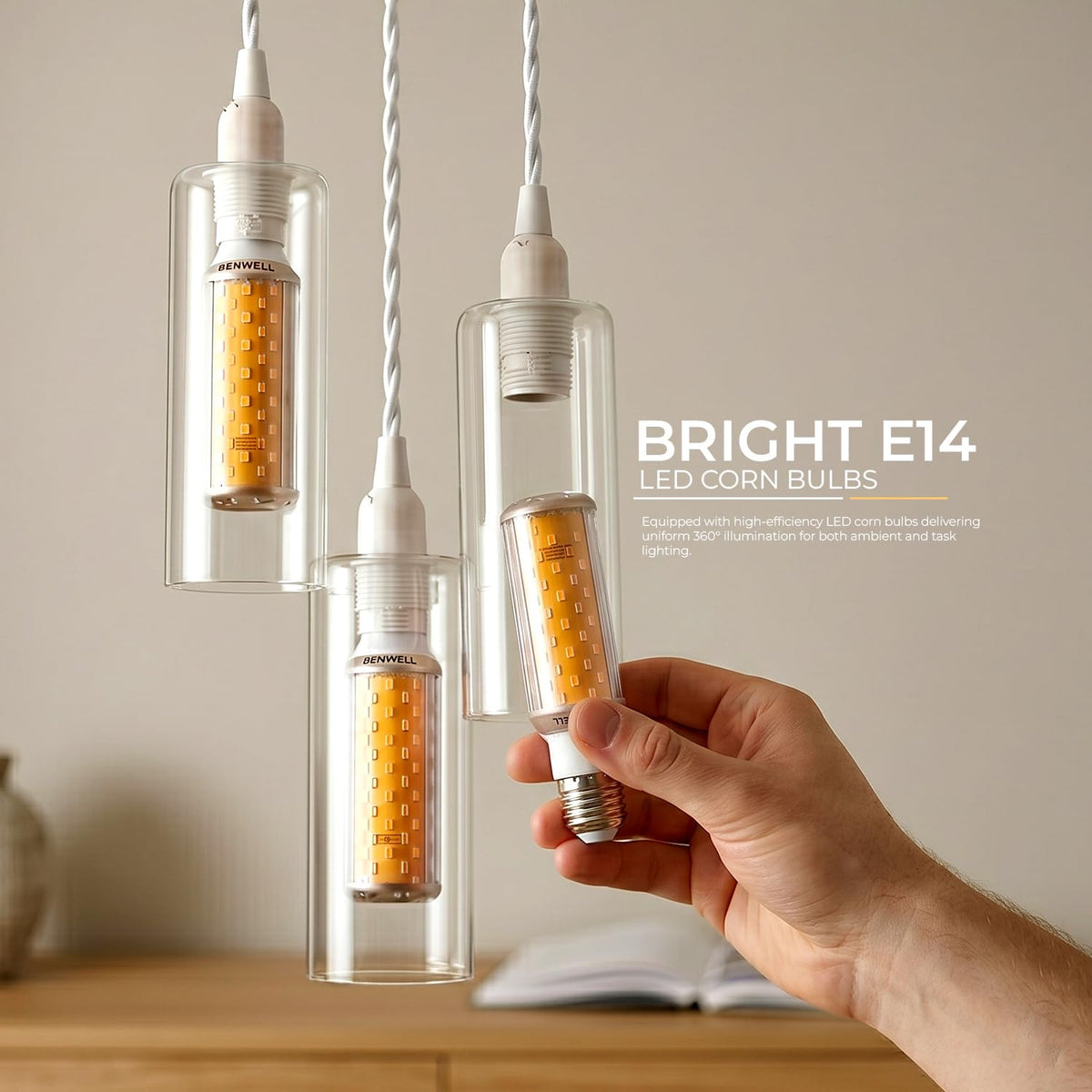 3-Light Glass Cylinder Pendant – White Cable, E14 LED Bulbs Included - photo 7