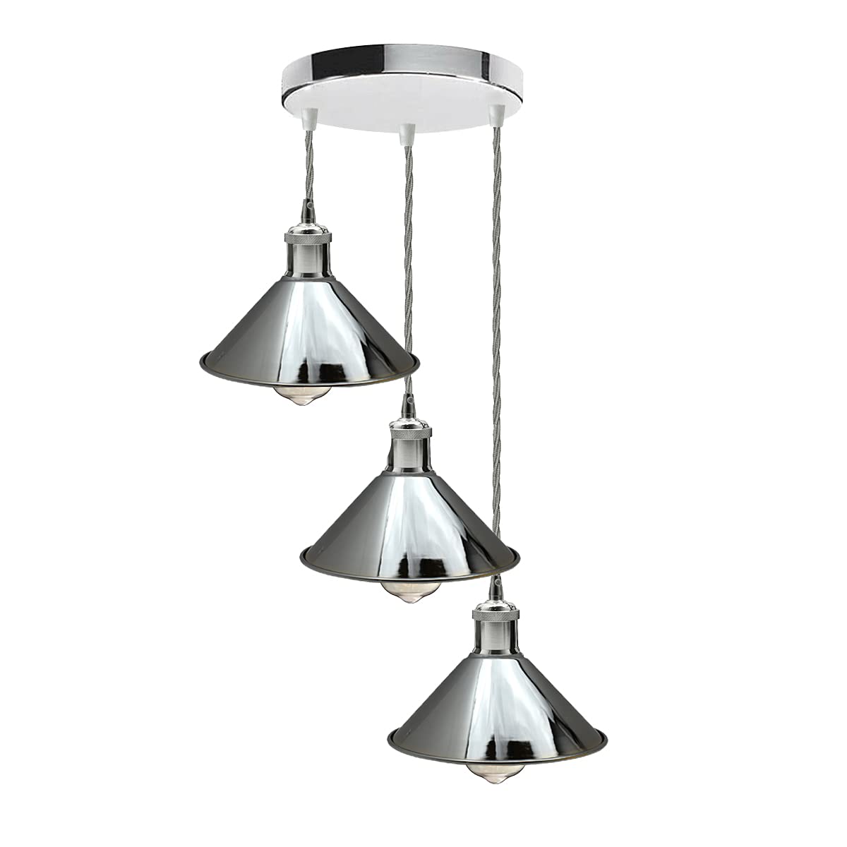3-Light Chrome Cluster Pendant – Flat Cone Shades, Grey Twisted Cable - Chrome, Flat Cone 22 cm Chrome, Without Bulb