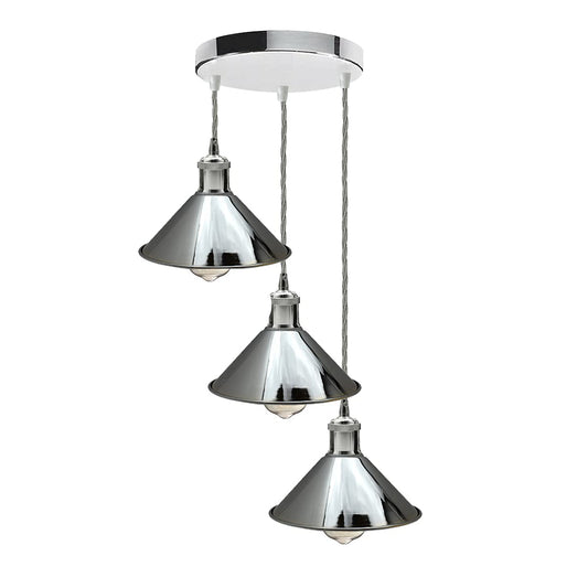 3-Light Chrome Cluster Pendant – Flat Cone Shades, Grey Twisted Cable - Chrome, Flat Cone 22 cm Chrome, Without Bulb