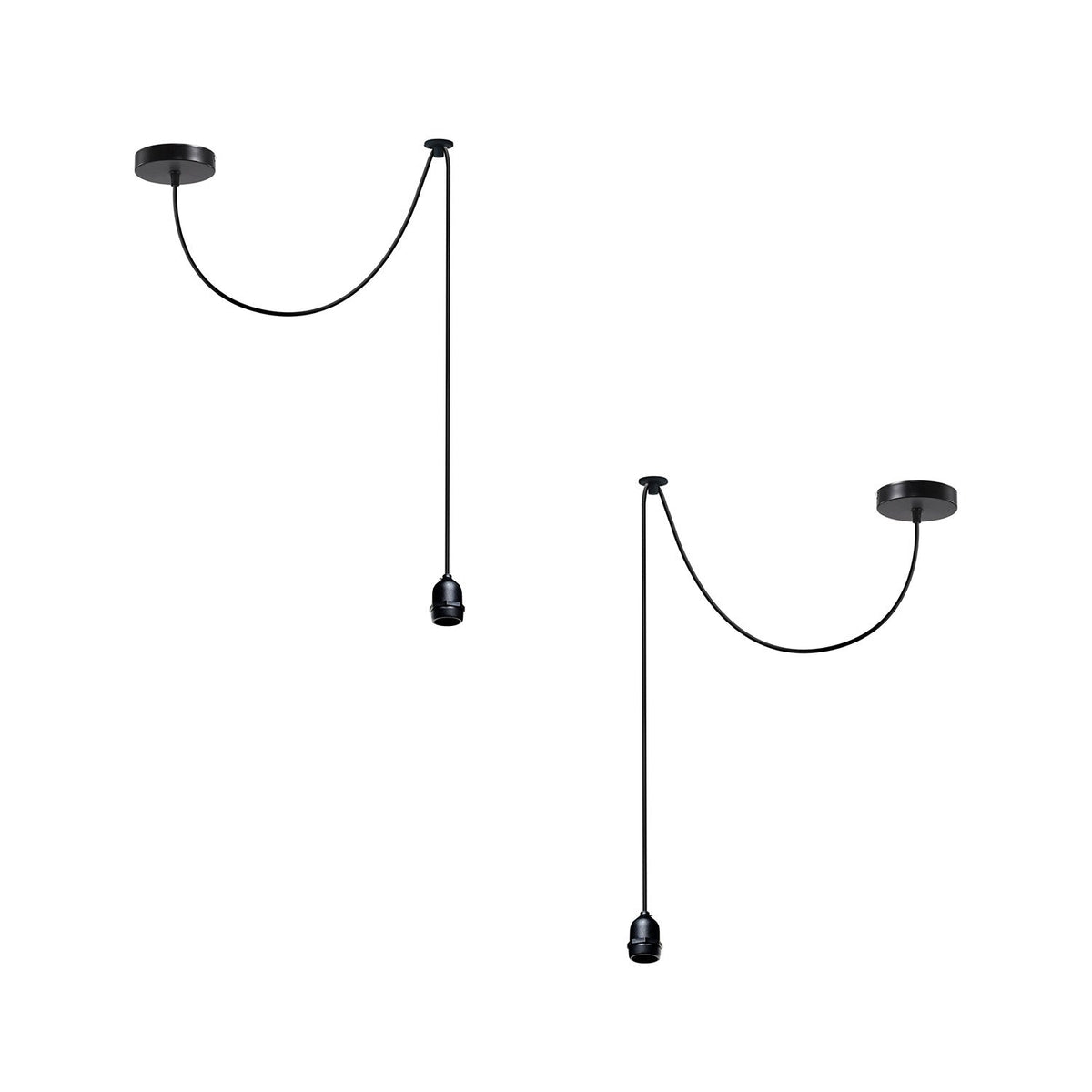 Swag Pendant Light Fitting – 2 m Black Cable, Ceiling Hook, E27 - Black, IP65 Waterproof Holder, Pack of 2, Without Bulb