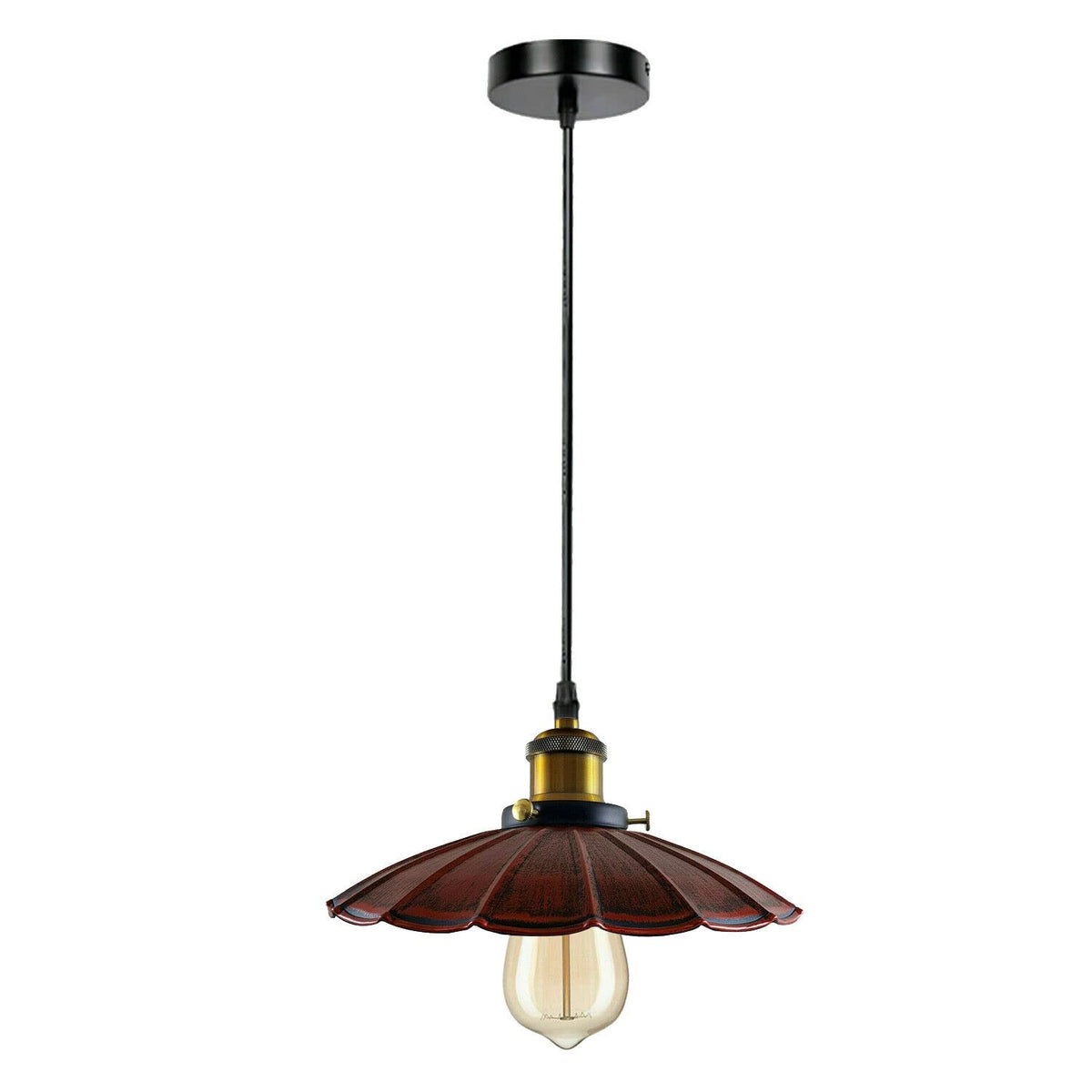 Industrial Metal Pendant Light – Dome, Flat or Cone Shade, E27 - Yellow Brass, Lounge 22 cm Rustic Red, Without Bulb