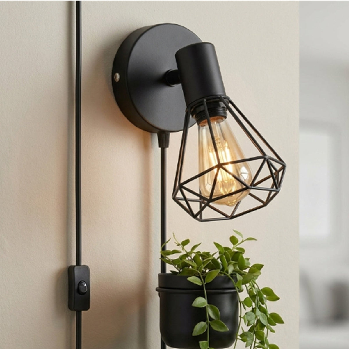 Plug-In Wall Light with Diamond Cage, Switch & ST64 Bulb – Black - photo 4