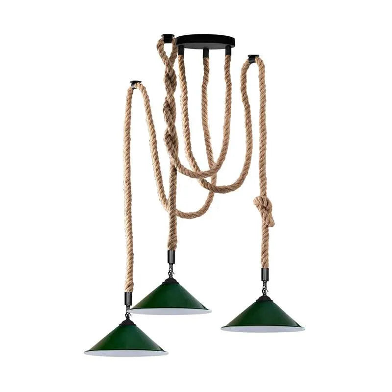 3-Light Hemp Rope Spider Pendant – Black Cages or Green Cones, E27 - Black, Flat Cone 22 cm Green, Without Bulb