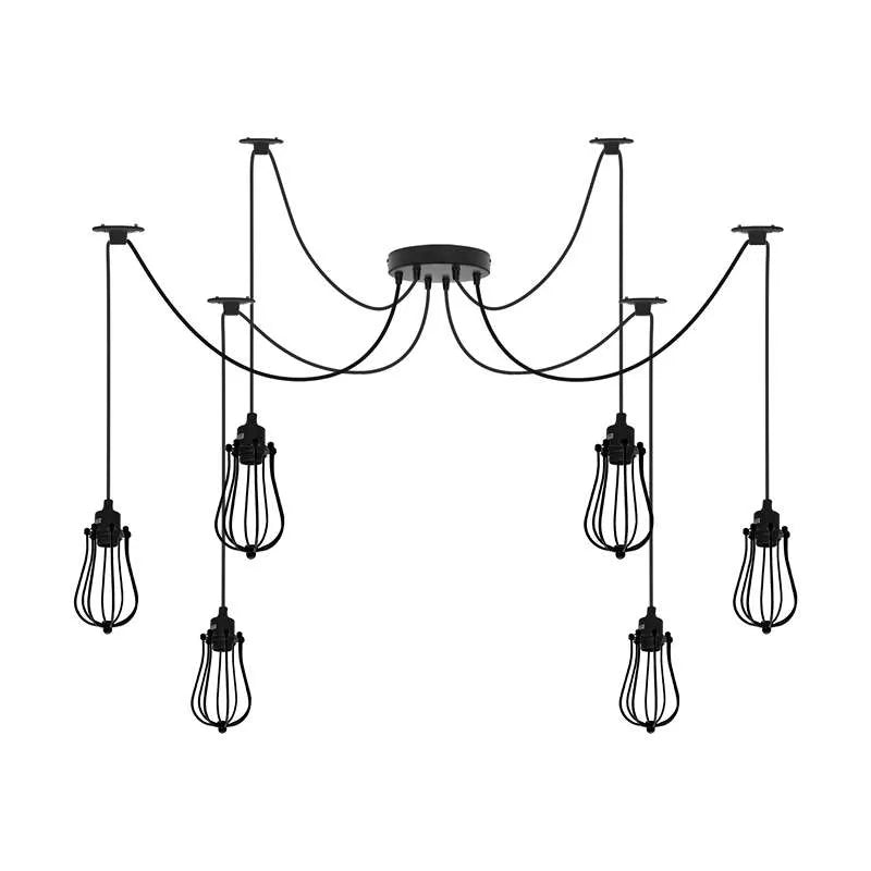 6-Light Spider Pendant – Black & Gold Shades or Cages, E27 - Black, Round Cage Black, Without Bulb