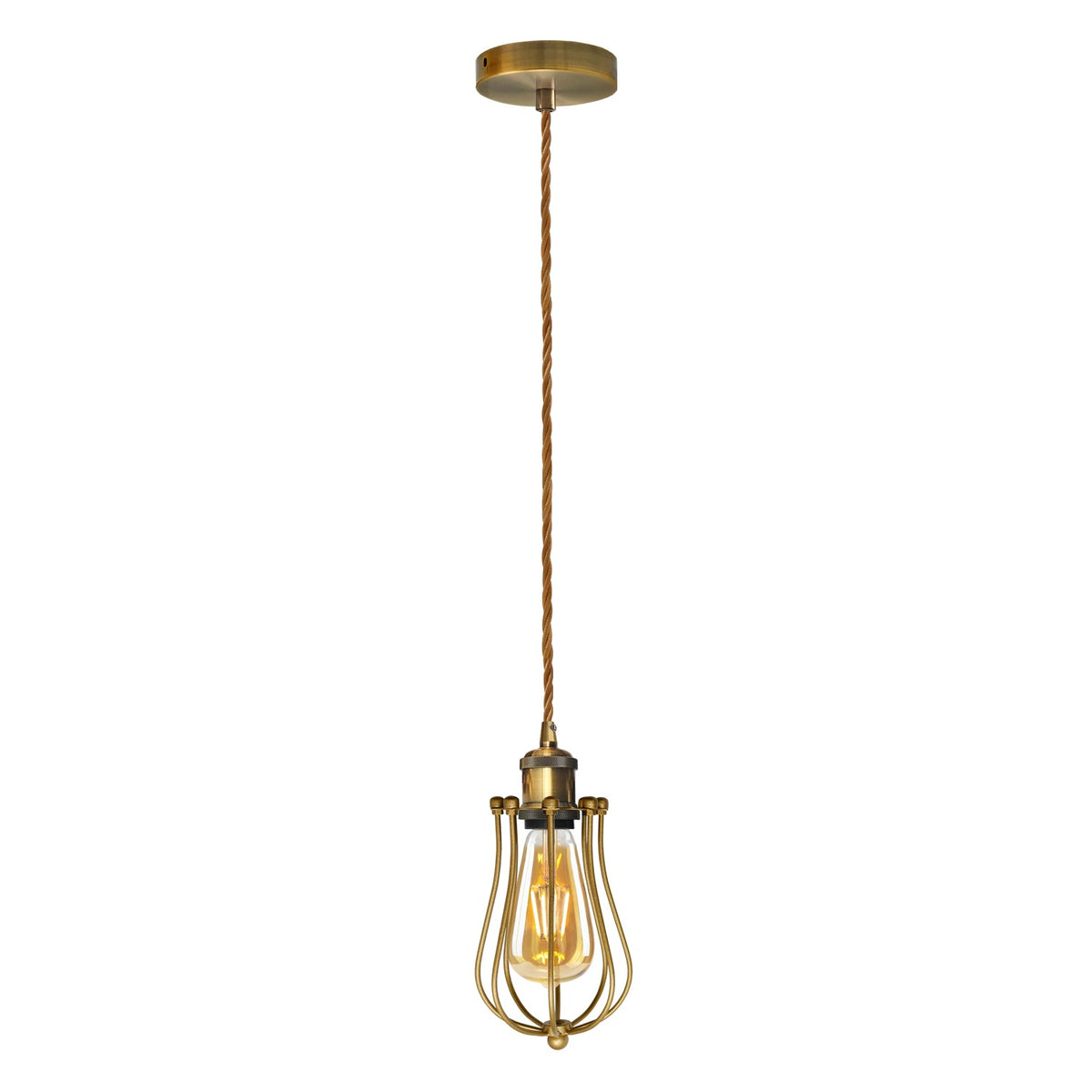 Brass Pendant Light Set – 1m Twisted Cable, E27, Optional Shades - Yellow Brass, Round Cage Gold, T130 LED Bulb 4W
