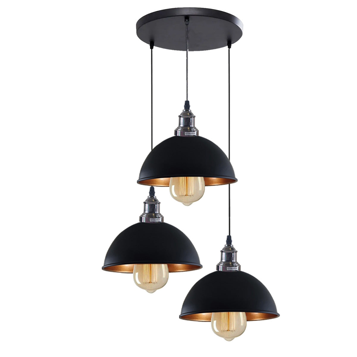 Retro Pendant Light – Metal Dome, Cone or Amber Glass Shade, E27 - Yellow Brass, Wide Round 36 cm Black Shade Ring, Without Bulb