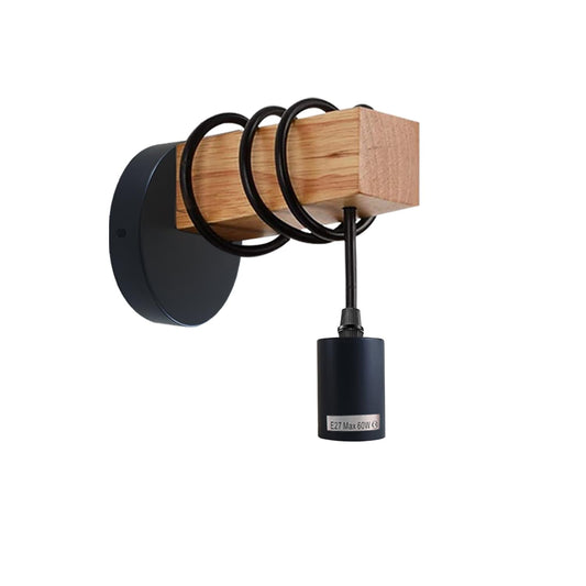 Wood Block Wall Light with Hanging E27 Holder – Hardwired or Plug-In - Black, Hardwired, 125 mm Round Plate, Without Bulb