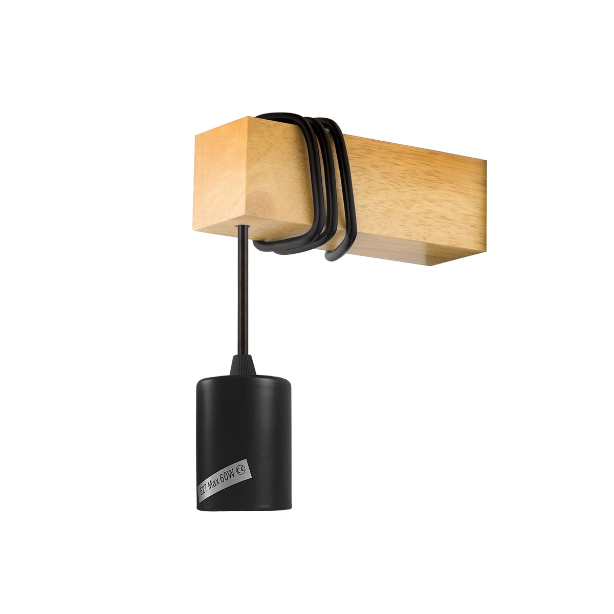 Wood Block Wall Light with Hanging E27 Holder – Hardwired or Plug-In - Black, Hardwired, Without Bulb