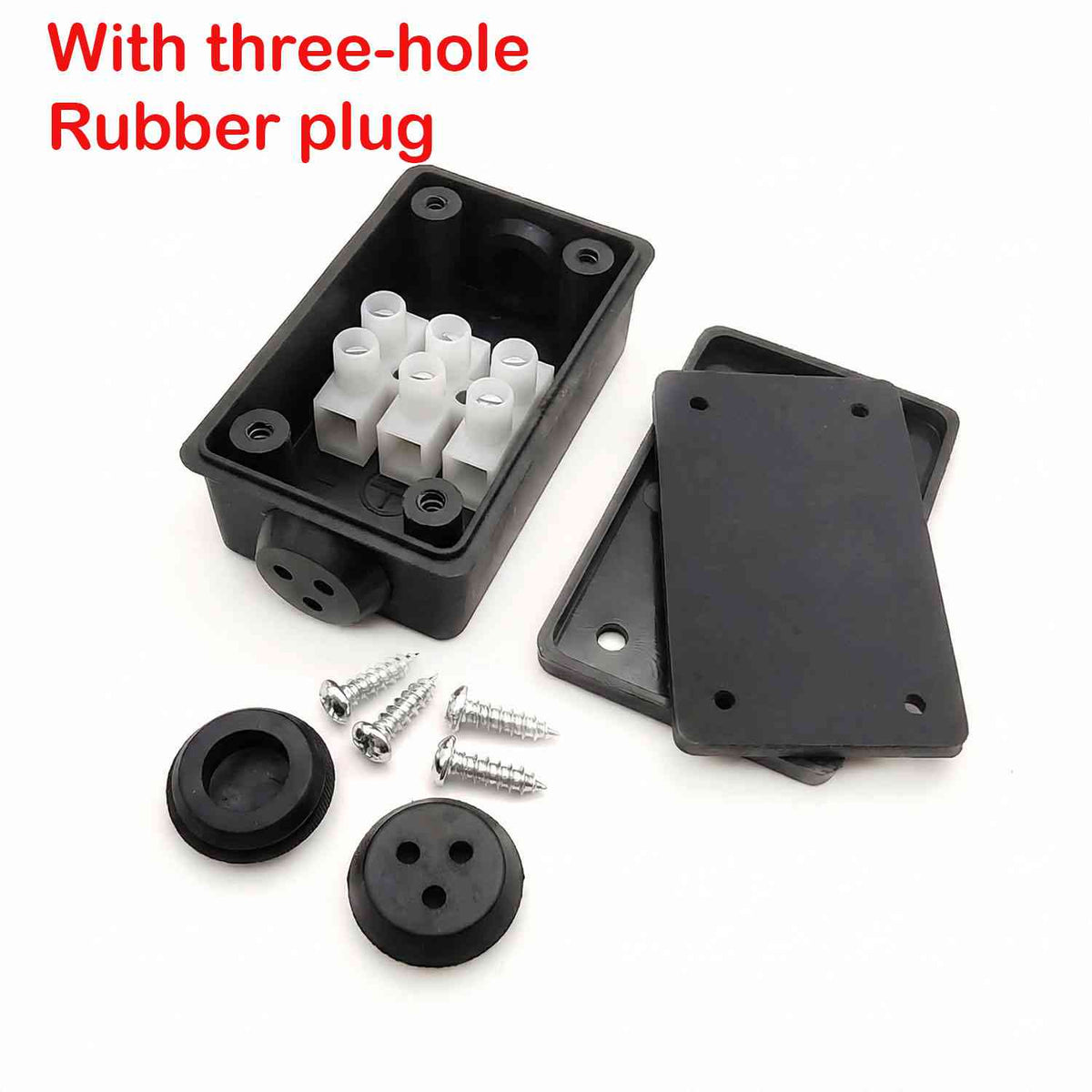 IP44 Mini Junction Box 3-Core 16A – Black - Pack of 5 – with 3-hole rubber plugs