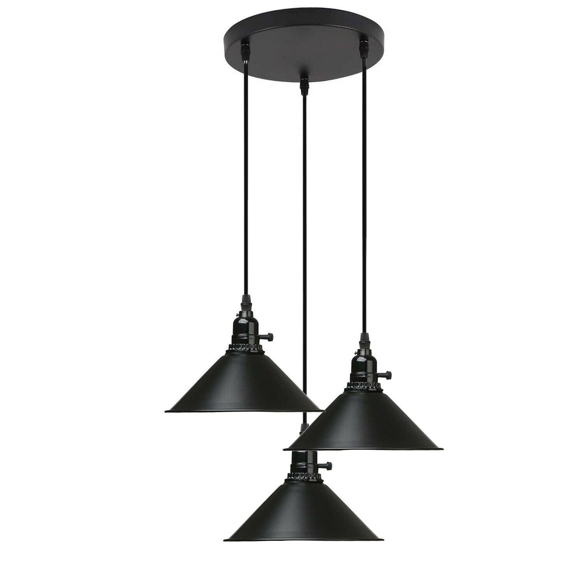 3-Light Kitchen Island Pendant – Round Plate or Bar, Cone, Cage or Bare Bulb - Black, Flat Cone Black, Round Plate, Without Bulb