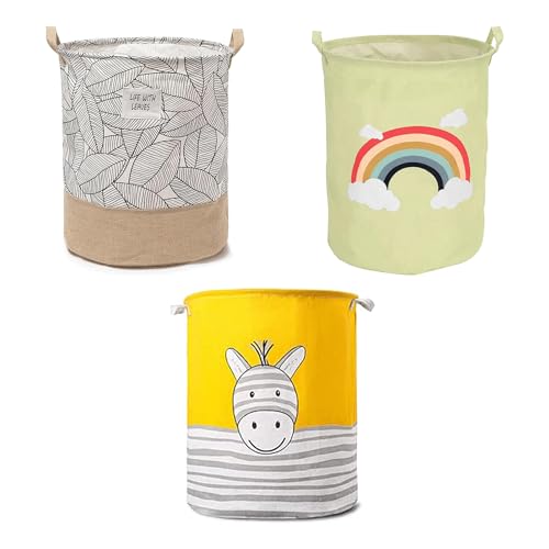 Kids' Laundry Baskets, Set of 3 – Mixed Prints, Foldable Cotton with Handles - Zebra, Leaves & Rainbow