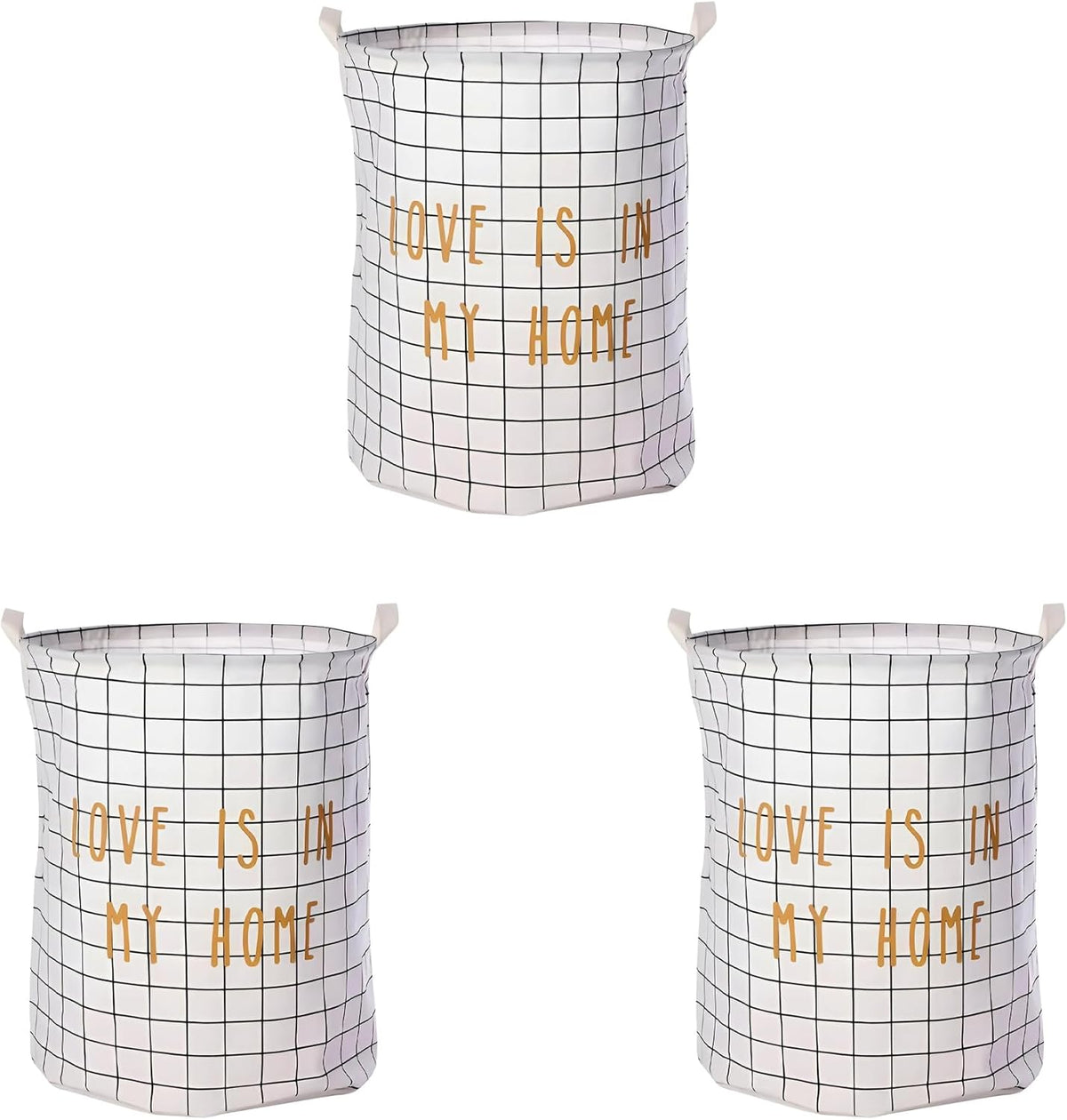Grid Print Laundry Baskets, Pack of 3 – 'Love Is in My Home', Black or White - White