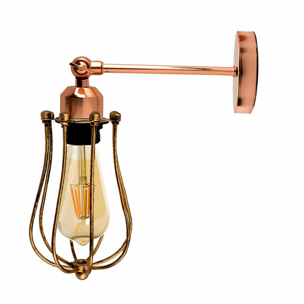 Long Swivel Arm Wall Light with Shade – Copper, Green Brass, Rose Gold, Satin Nickel - Rose Gold, Round Cage Brushed Copper, Without Bulb