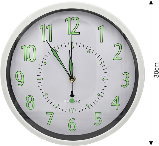 Glow in the Dark Wall Clock – 30 cm, White Frame, Luminous Numbers - photo 2