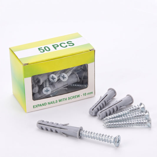 Grey Wall Plugs and Screws in a Box – 8 or 10 mm, 50 Pieces - 10 mm