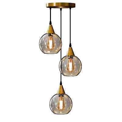 3-Light Pendant – Round Plate or Bar, Cones, Cages or Glass Globes, E27 - Yellow Brass, Amber Glass Globe, Round Plate, Without Bulb