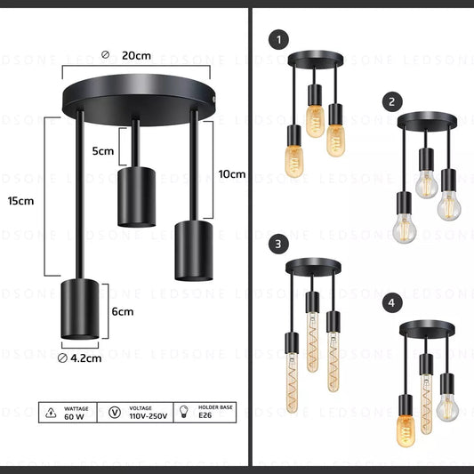 3-Light Semi Flush Ceiling Light – Black, E27 - photo 2