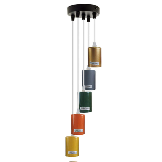 5 Light Cascade Pendant – Gold or Mixed Colour Holders, E27 - Black Ceiling Rose, Mixed Colour Holders, Without Bulb