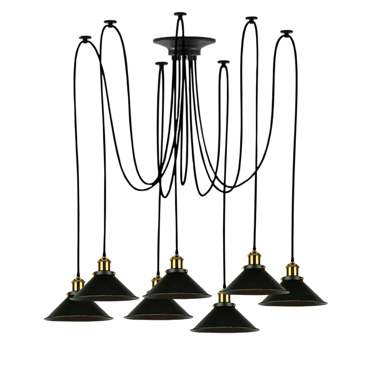 7-Light Spider Pendant – Black Cone Shades, Brass Holders, E27 - Yellow Brass, Flat Cone 22 cm Black, Without Bulb