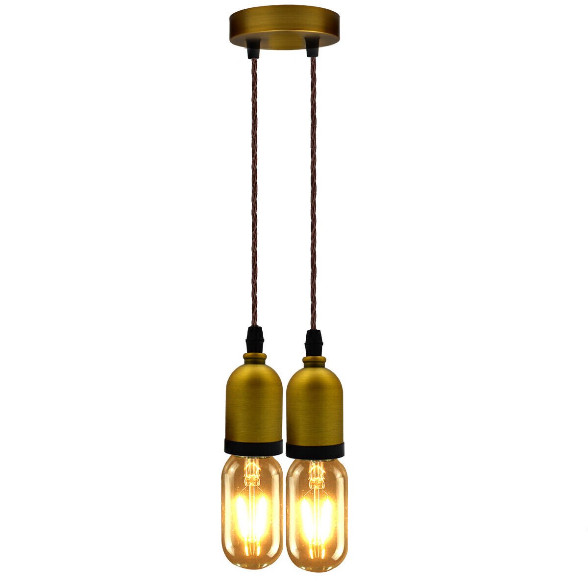 Twin Pendant Light – Yellow Brass Holders, Braided Cable, E27 - photo 3
