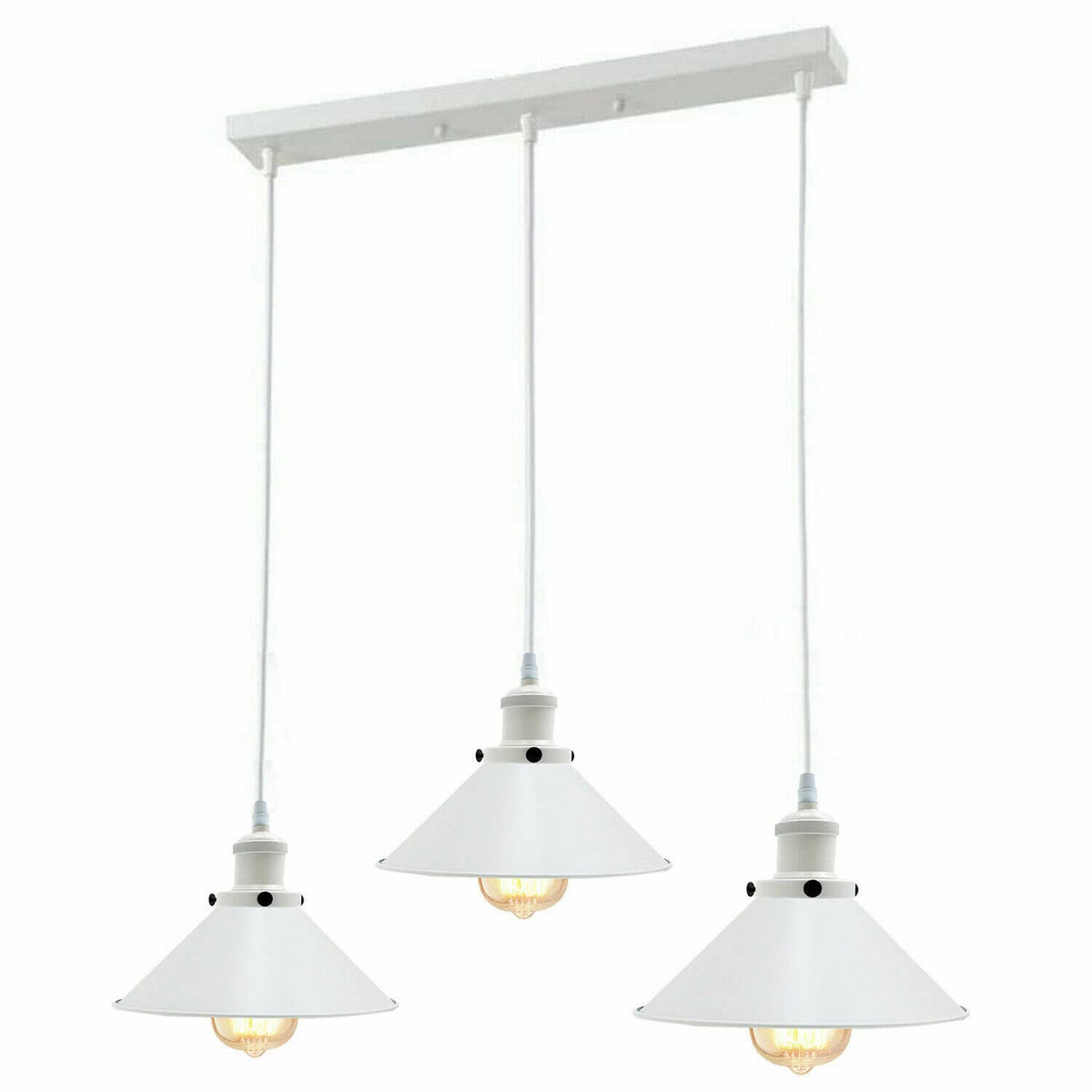 3 Light White Cluster Pendant – Wire Cage or Cone Shades, E27 - White, Flat Cones, Straight Bar, Without Bulb