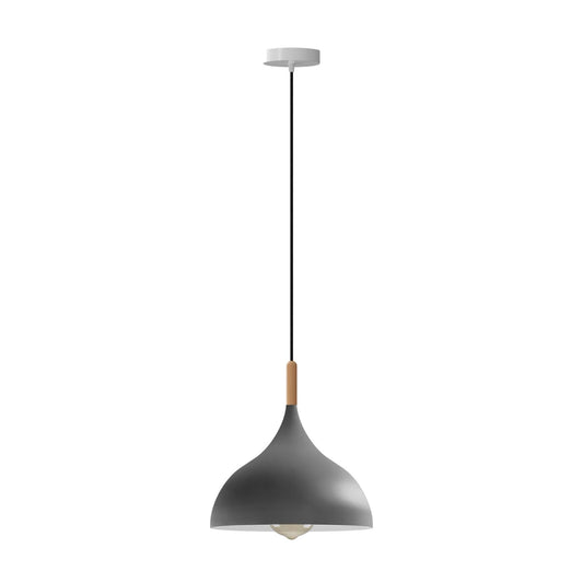 Wide Dome Pendant Light – 31.5 cm Metal Shade, 7 Colours, E27 - White, Wide Dome 31.5 cm Grey, Wooden Cord Grip, Without Bulb
