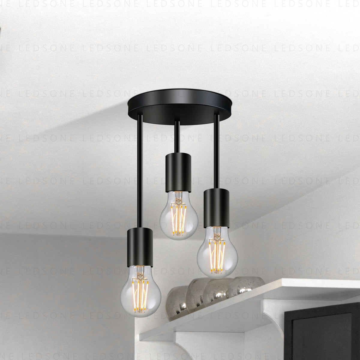 3-Light Semi-Flush Ceiling Light – Black, Staggered E27 Holders - Black, No Shade, With 3 A60 LED Bulbs 4W