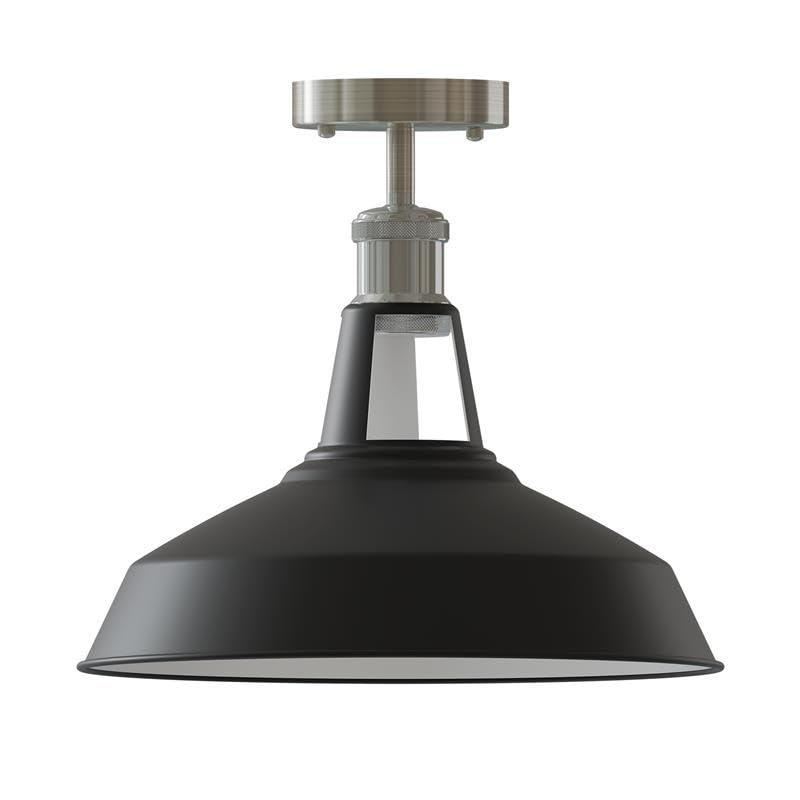 Semi-Flush Ceiling Light – E27, Flat Cone, Dome or Barn Shade - Satin Nickel, Barn Slotted 30 cm Black & White Inner, Without Bulb