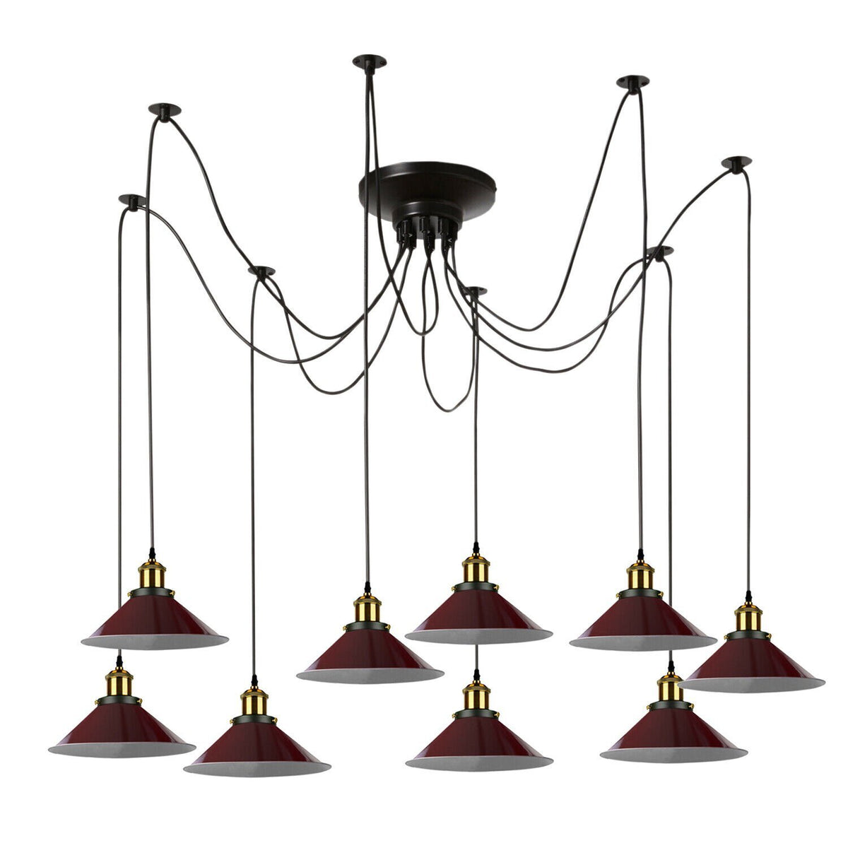 9 Light Spider Pendant – 2 m Swag Cables, Metal Cones, Brass Holders - Yellow Brass, Flat Cone 22 cm Burgundy, Without Bulb