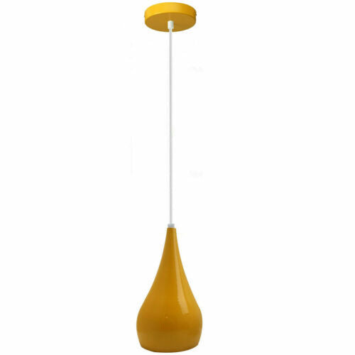 Teardrop Pendant Light – 16 cm Metal Shade, Wood Detail, 8 Colours - White, Beat Long 16 cm Yellow, Without Bulb