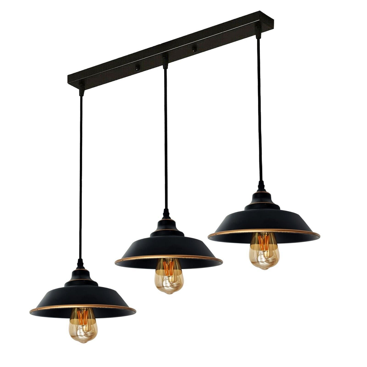 3 Light Bar Pendant – Black & Gold Vintage Domes, 50 cm Bar, E27