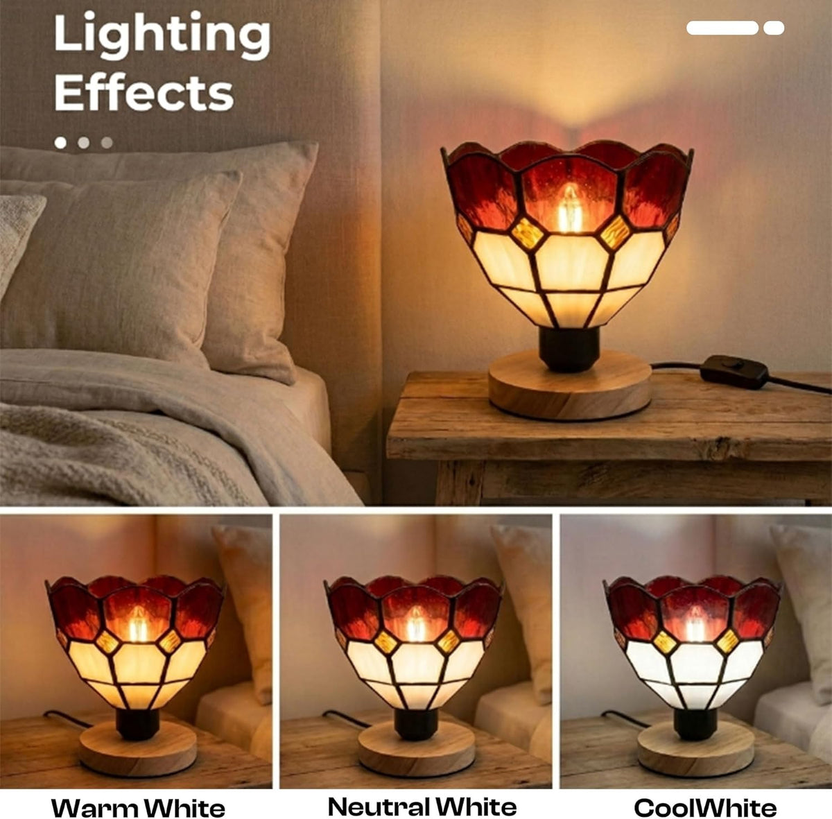 Tiffany Style Mosaic Glass Table Lamp with Wooden Base E27 - photo 8