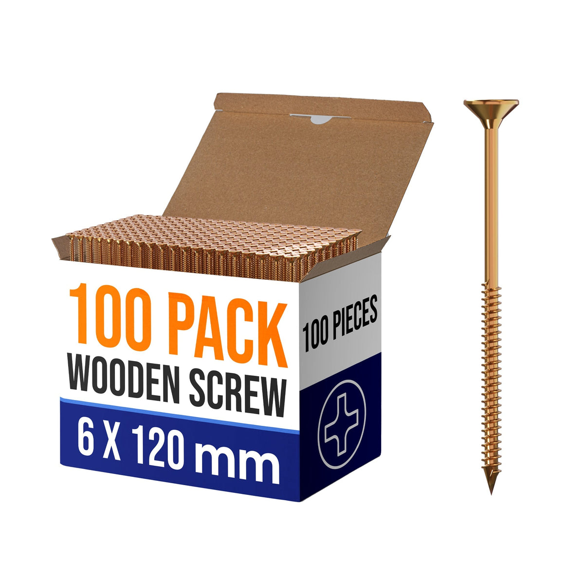 Yellow Wood Screws, Pack of 100 – 5 x 120, 6 x 80, 6 x 100 or 6 x 120 mm - 6 x 120 mm, 100 Screws
