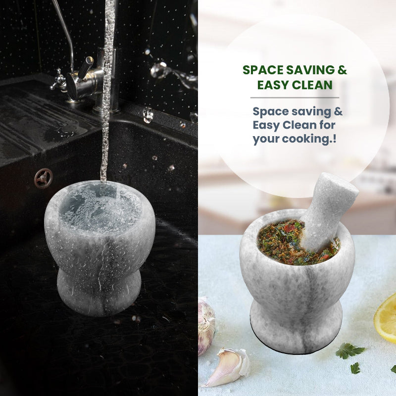 Mortar and pestle with text 'Space saving & easy clean for your cooking!' on a kitchen counter.