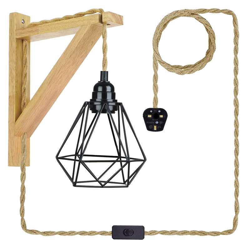 Plug-In Wooden Bracket Wall Light with Hemp Cord & Diamond Cage – E27 - Black, Single, Without Bulb