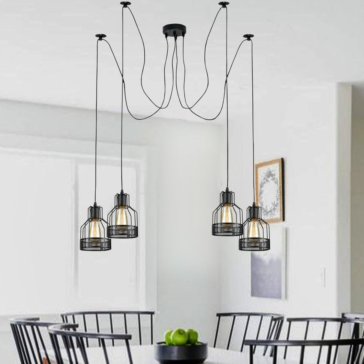 4-Light Spider Pendant – Black Drum Cages, 2 m Cable, E27 - photo 4