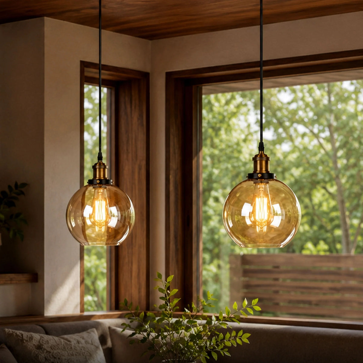 Amber Glass Pendant Light – 5 Shade Styles, Brass Holder, E27 - Yellow Brass, Glass Globe 20 cm Amber, Without Bulb