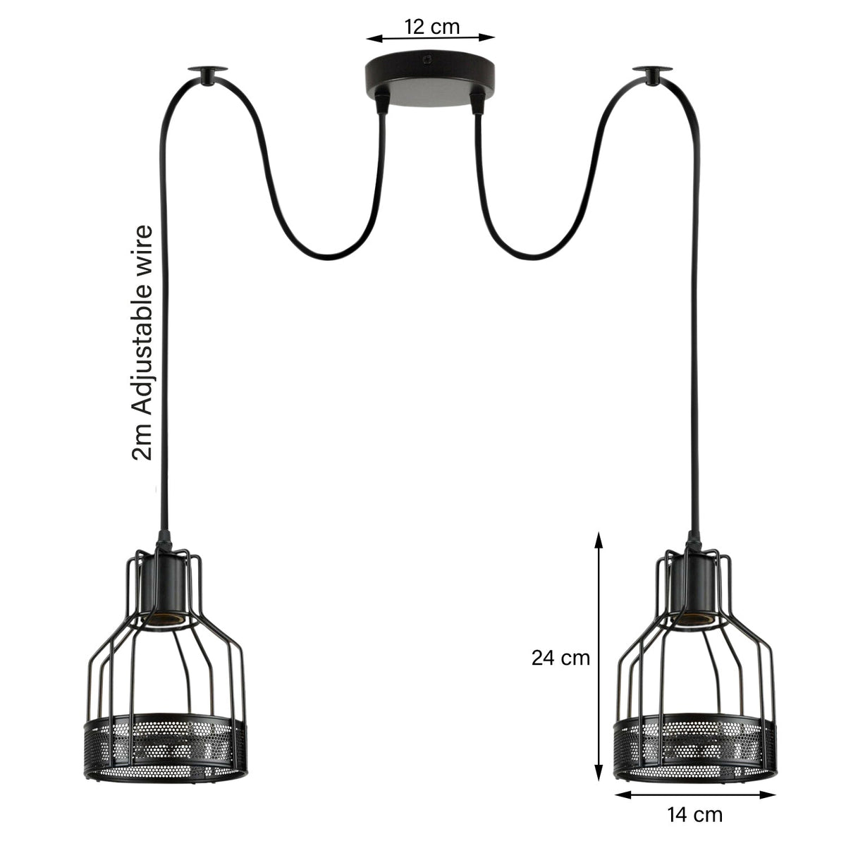 2-Light Spider Pendant – Black Drum Cages, 2 m Cable, E27 - photo 4