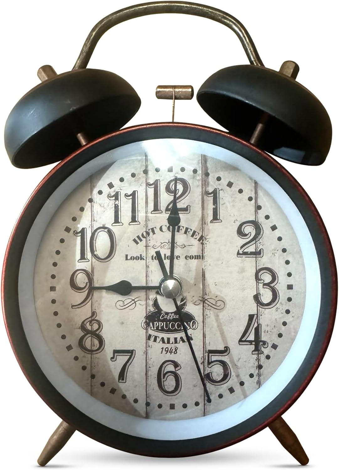 Retro Twin Bell Alarm Clock – Loud Bell, 10 cm, 5 Dial Designs - Hot Coffee Dial