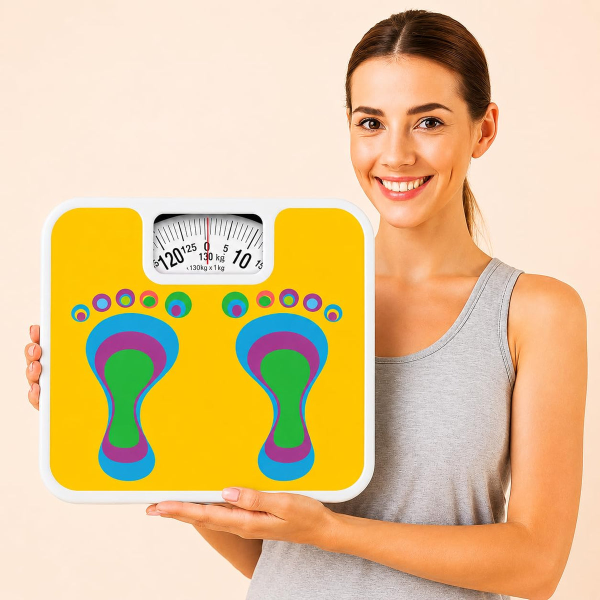 Mechanical Bathroom Scale – Yellow Footprint Design, 130 kg, No Batteries