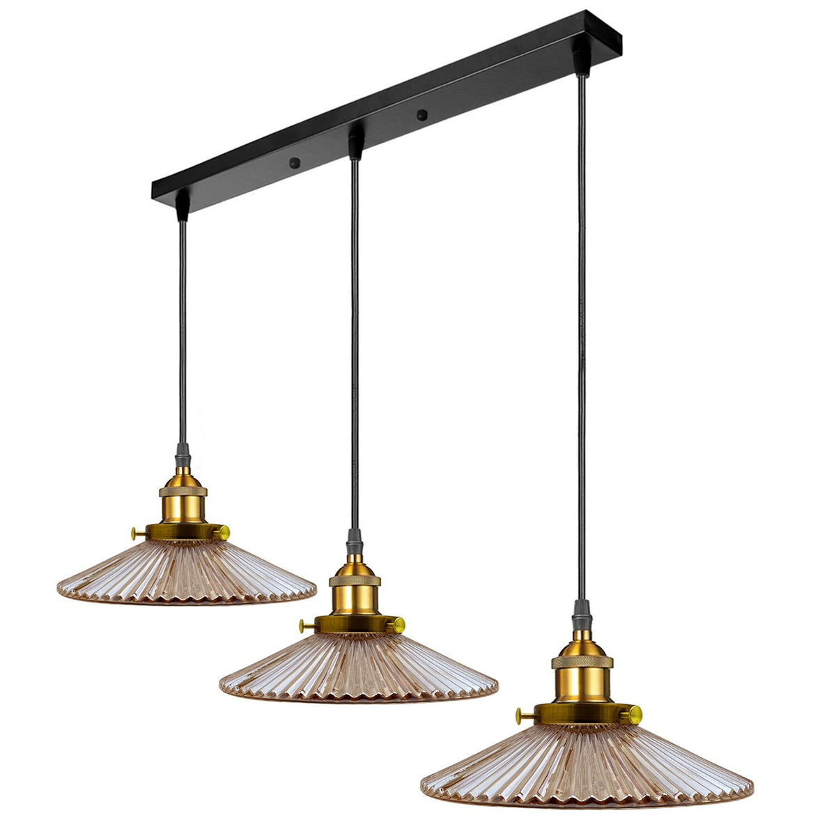 3-Light Retro Pendant Cluster – Cone, Flat, Dome or Amber Glass Shades - Yellow Brass, Amber Patterned Glass 21 cm, Bar, Without Bulb