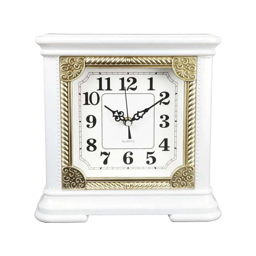 Square Mantel Clock – Gold-Tone Frame, 25 cm, Brown or White - White
