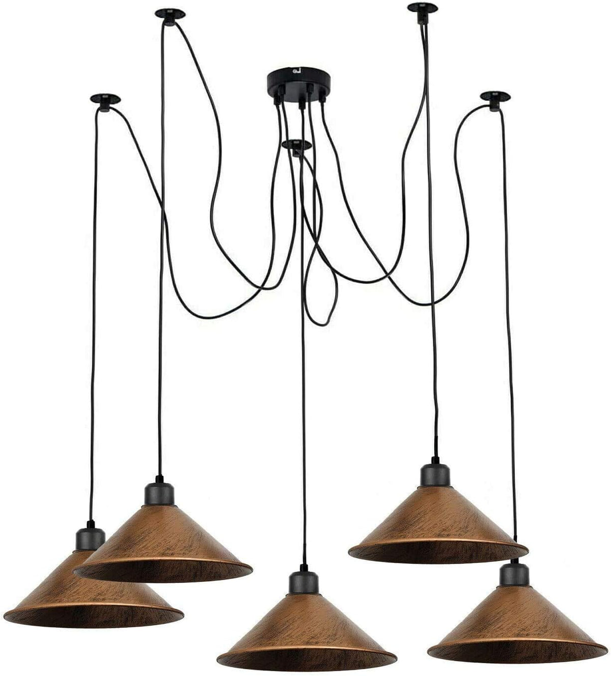 5 Light Spider Pendant – Metal Cones, Lounge Shades, Cages or Mixed - Black, Flat Cone 22 cm Brushed Copper, Without Bulb