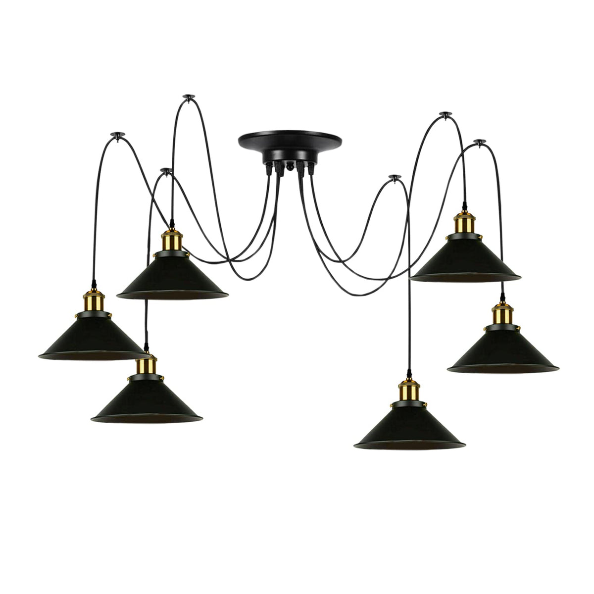6-Light Spider Pendant – Black Cone or Dome Shades, E27 - Yellow Brass, Flat Cone 22 cm Black, Without Bulb