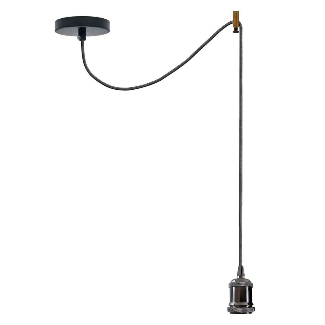 Swag or Pulley Pendant Light – 2 m Cable, Hook or Rise & Fall Dome, E27 - Without Bulb, Shiny Black, Swag with Brass Hook