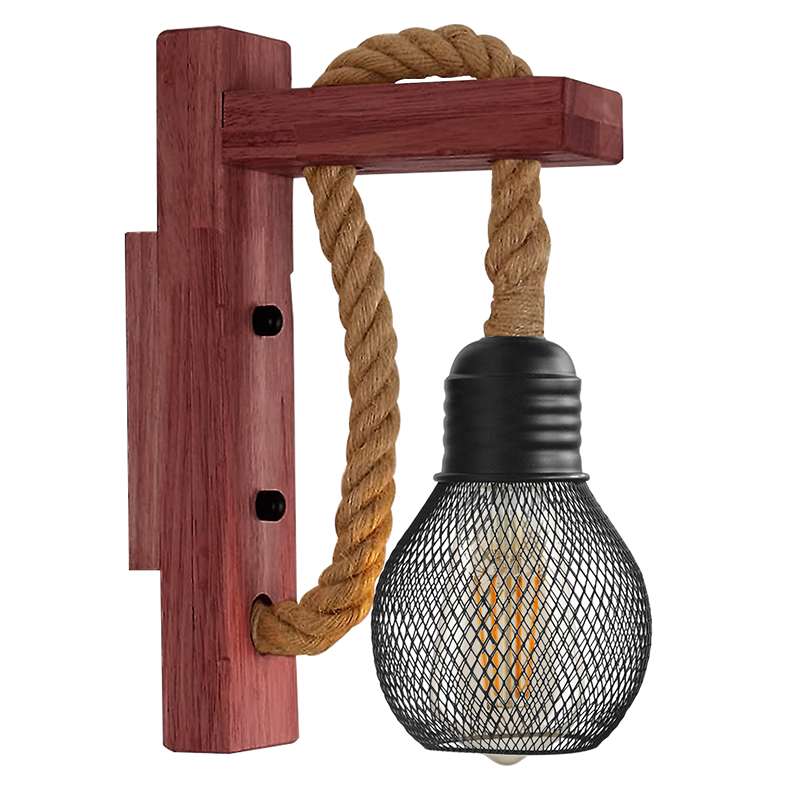 Rope & Wood Wall Light with Mesh Cage – Hemp, E27 - photo 9