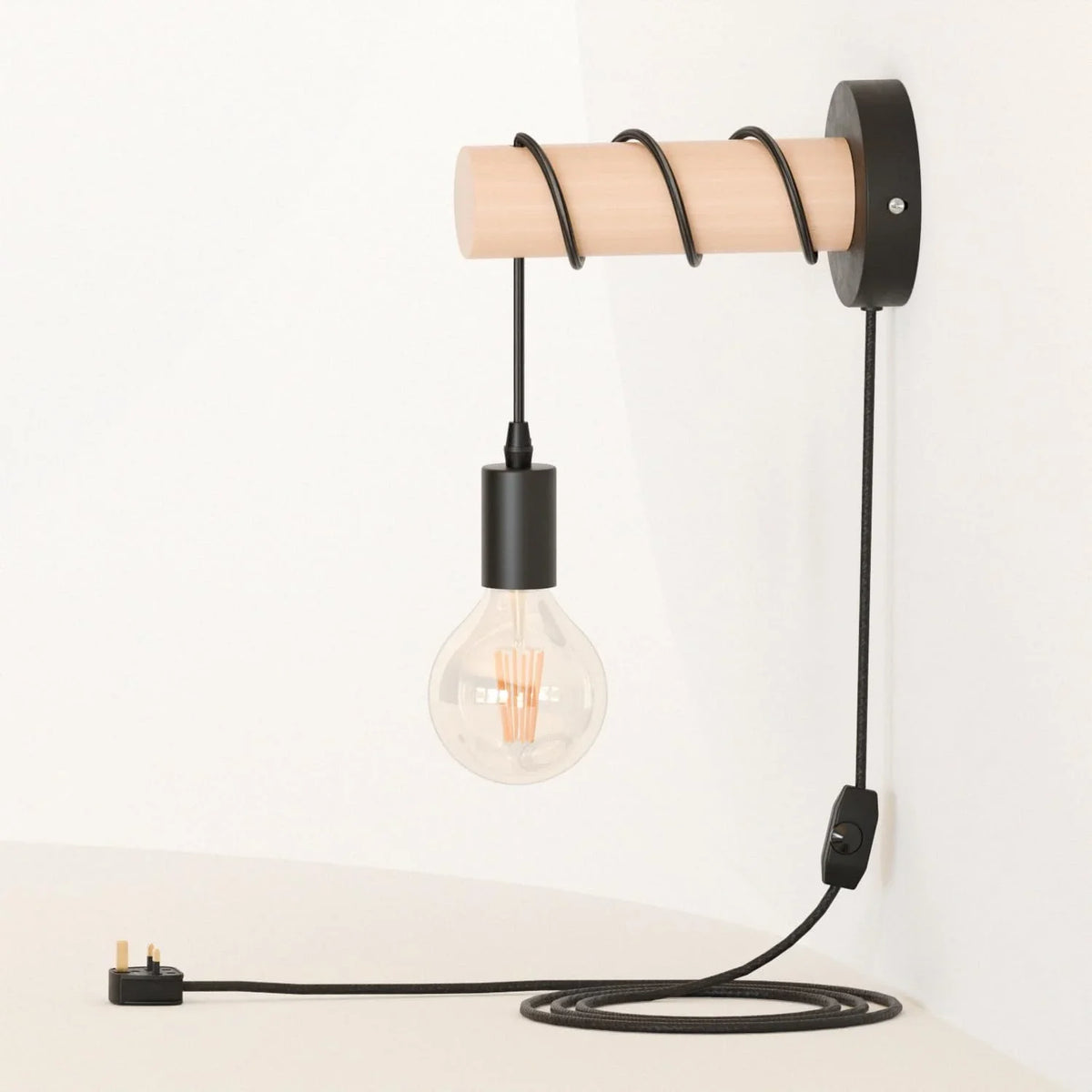 Wood Log Wall Light with Hanging E27 Holder – Hardwired or Plug-In - Black, Plug-in with Rod, 4 m Dimmer Cord, Without Bulb